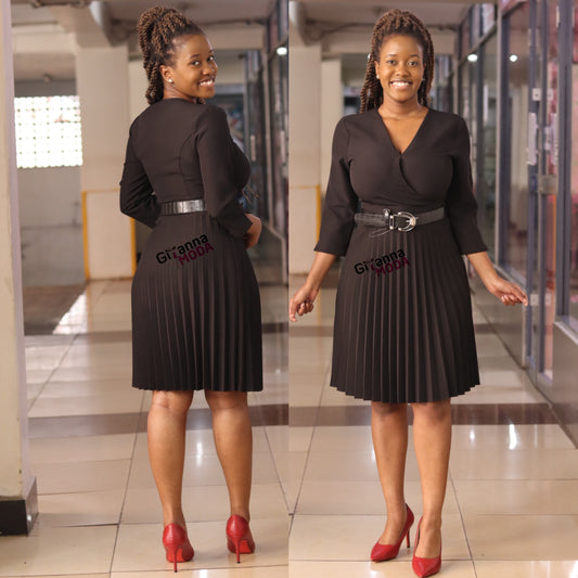 Black Belted Sunray Pleat Dress