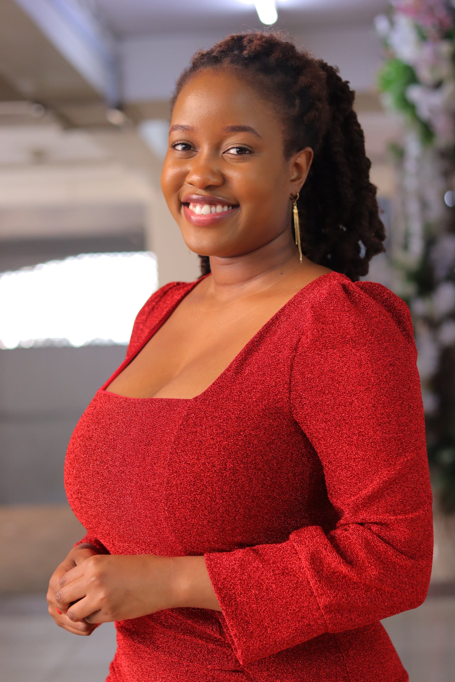 Red Square Neck Lurex Dress