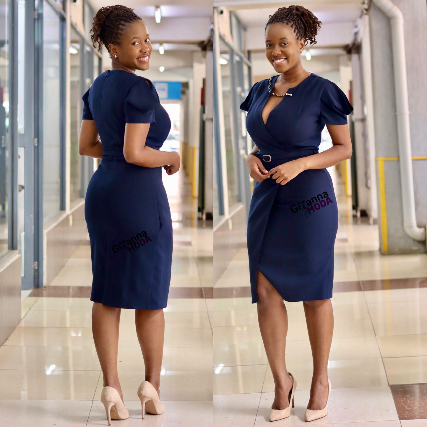 Navy V-Neck Cap Sleeved Dress