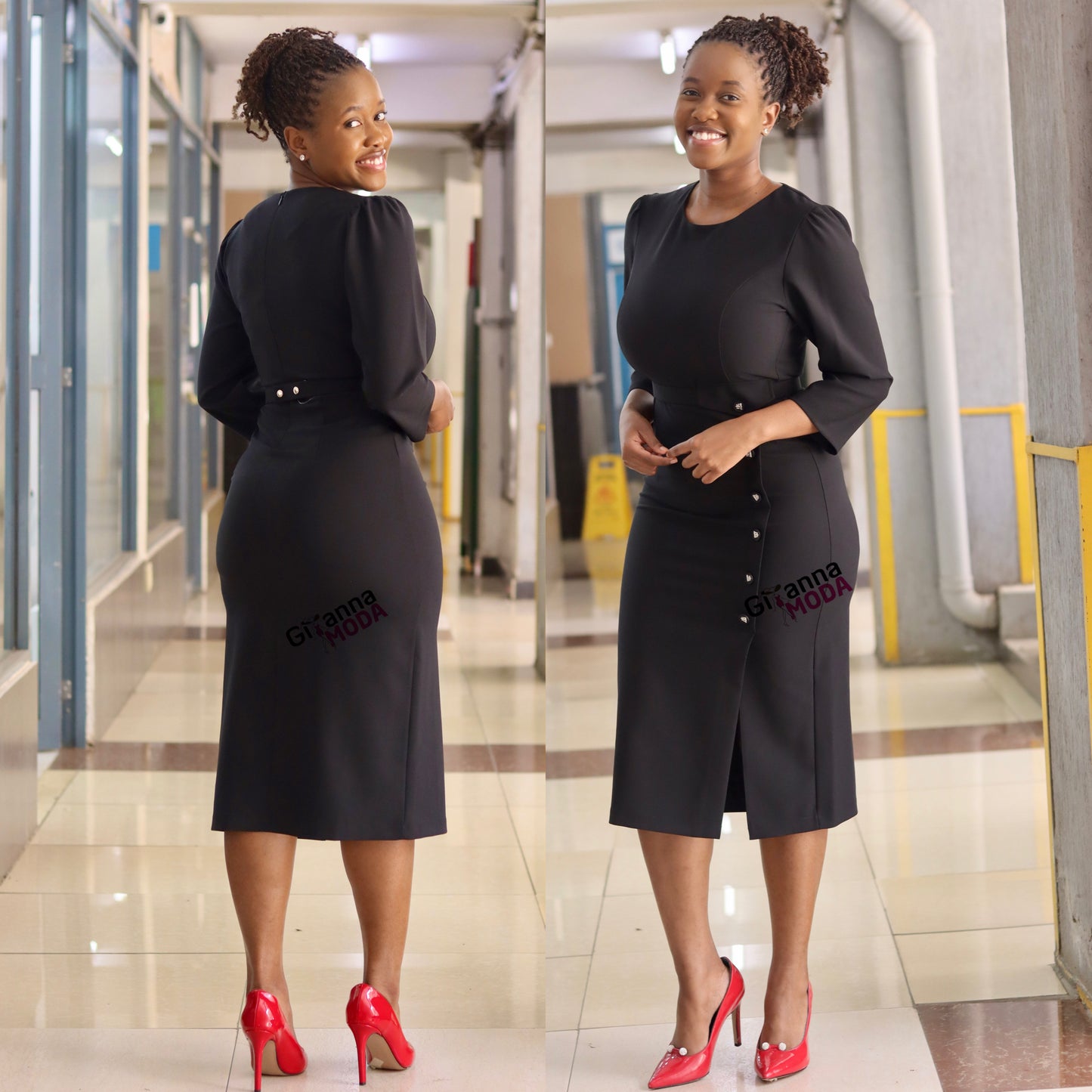 Black Faux Pocket with Front Slit Dress