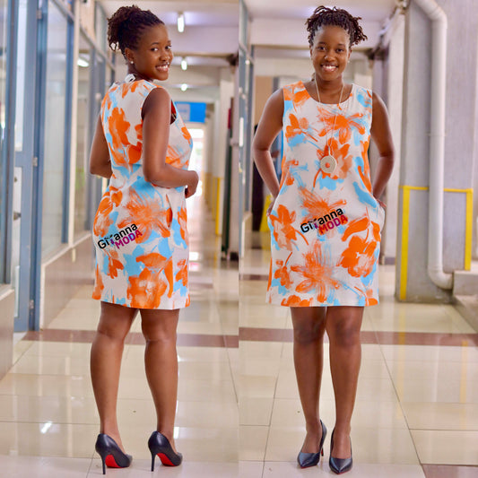 Orange and Blue Print Sleeveless Dress