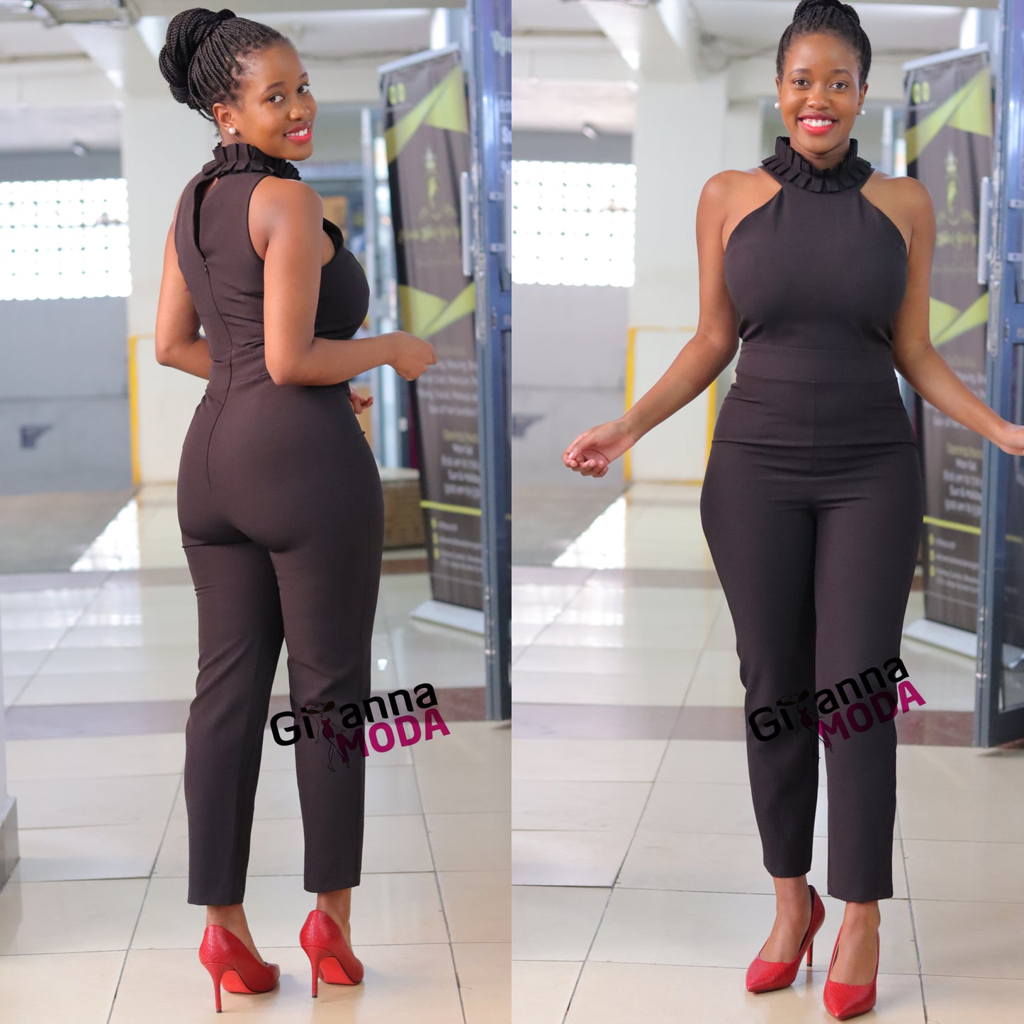 Black Pleated Choker Neck Collar Jumpsuit