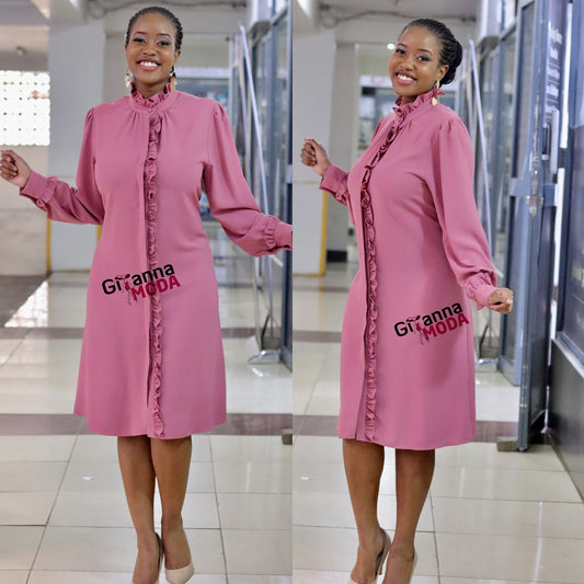 Peach Long Sleeve Frilled Shirt Dress