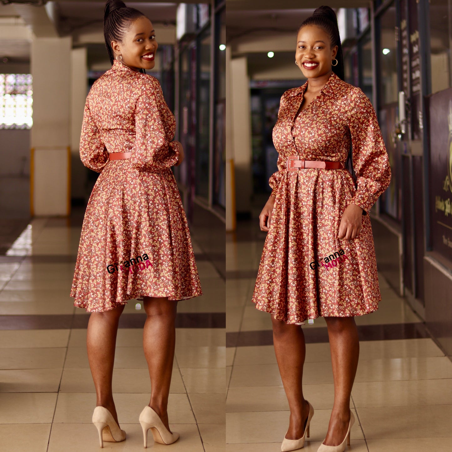 Brown Ditsy Floral Belted Skater Dress