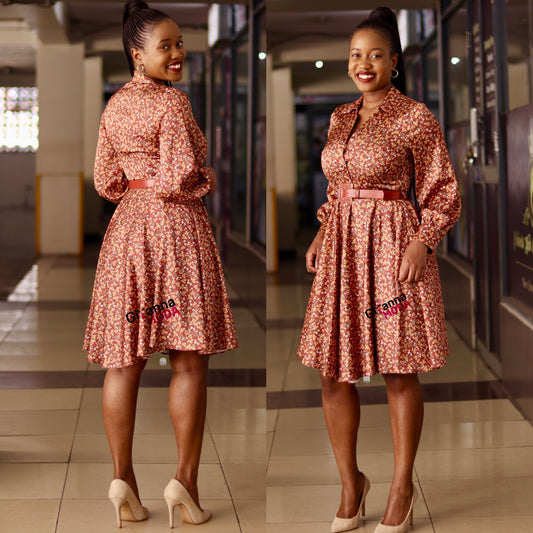 Brown Ditsy Floral Belted Skater Dress