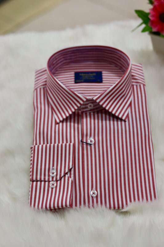 Slim Fit White & Red Candy Stripe Men Shirt