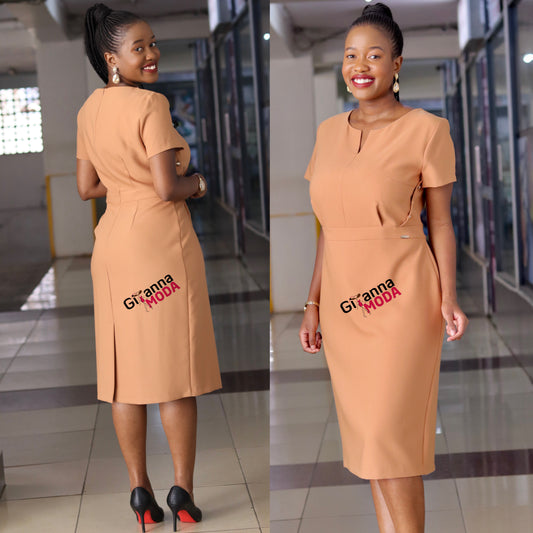 Camel Brown Side Button Bodycon Dress