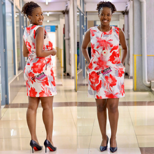 Red and Grey Print Sleeveless Dress