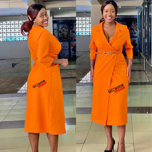 Orange Wrap Sleeved Belted Dress