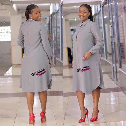 Grey Collared Long Sleeve Shirt Dress
