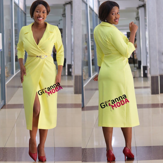 Yellow Sleeved Belted Wrap Dress