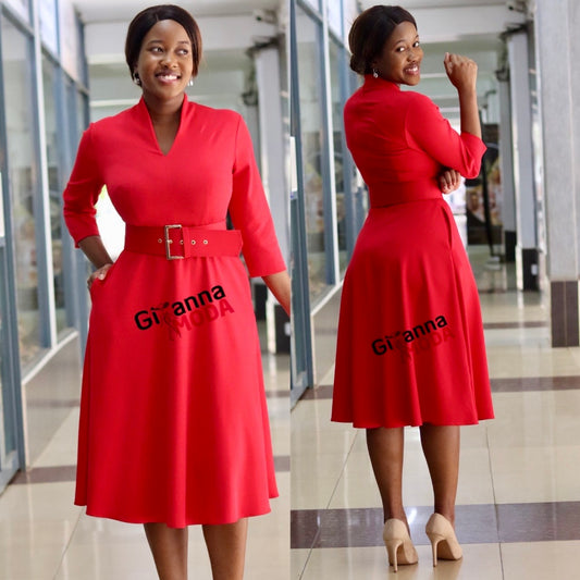 Red V Neck Belted Skater Dress