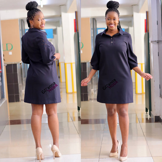 Navy Sleeved Shift Dress