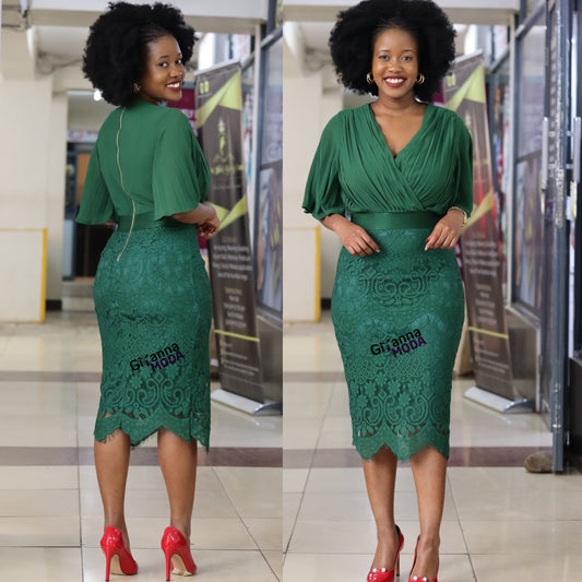 Forest Green Pleated Chiffon Lace Dress