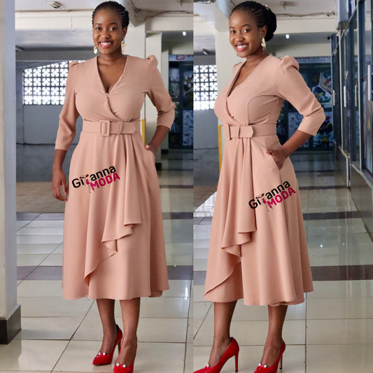 Beige Front Frill Skater Dress