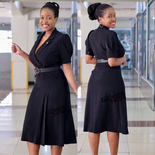 Black Collared Belted Dress