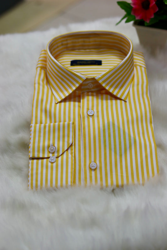 Slim Fit White & Yellow Bengal Stripe Men Shirt