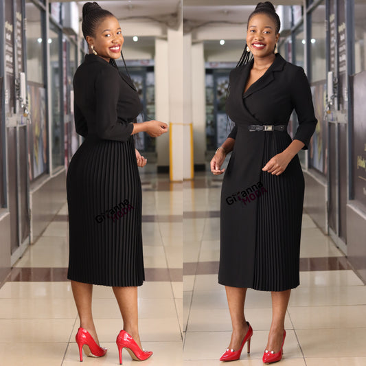 Black Sunray Pleat Wrap Dress