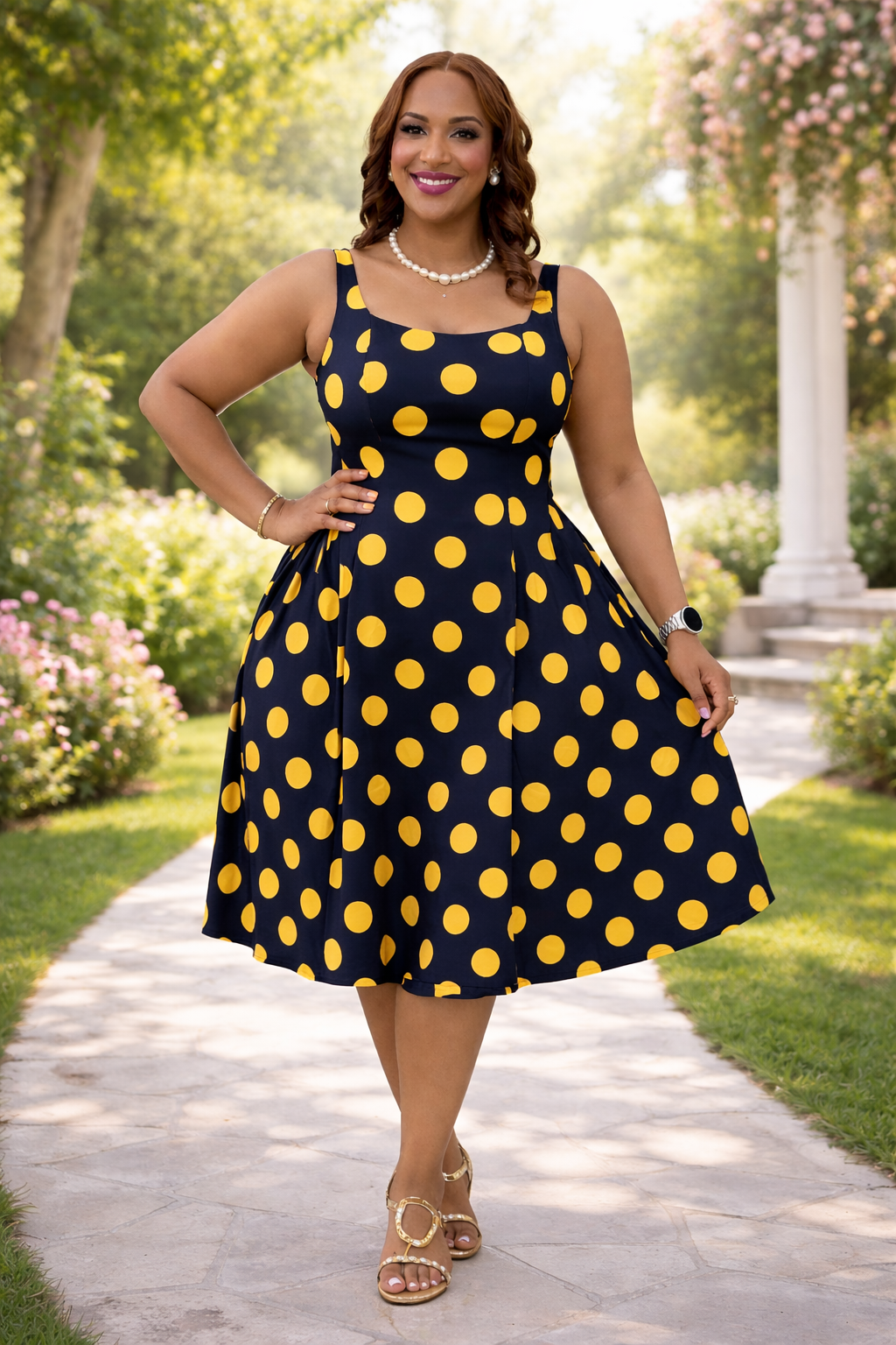 Navy Blue & Yellow Polka Dot A-Line Dress