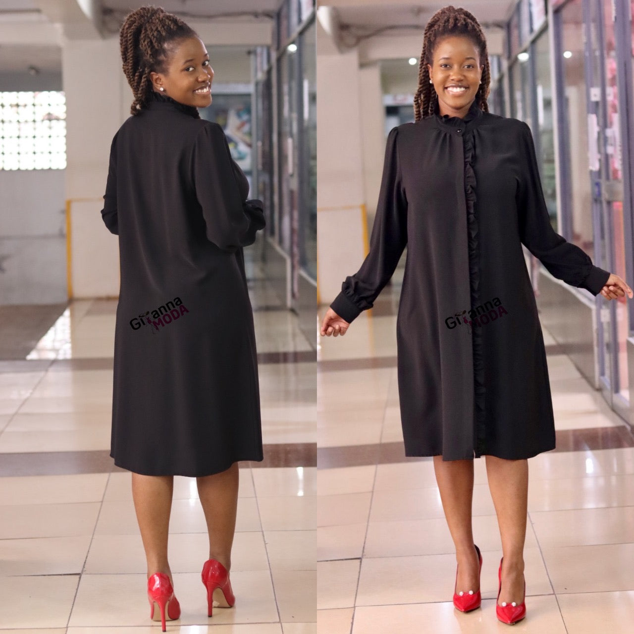 Black Long Sleeve Frilled Shirt Dress