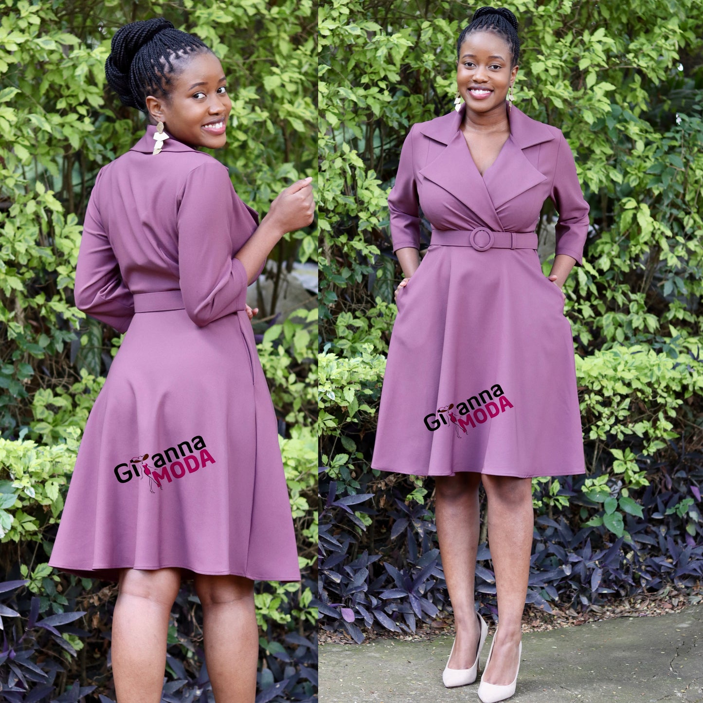 Mauve Belted Big Collar Dress