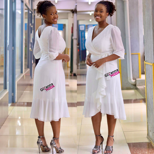 White V-Neck Frilled Midi Dress