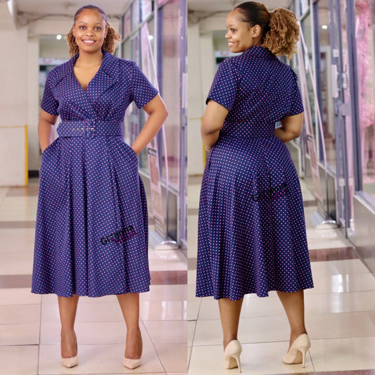 Navy and Pink Polka Sleeved Dress