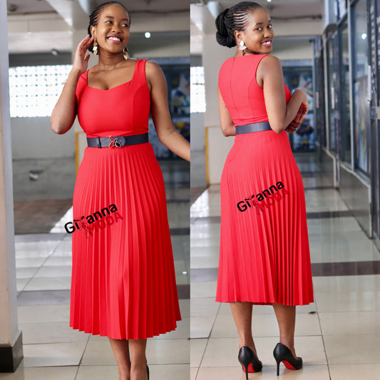 Red Sunray Pleat Belted Dress