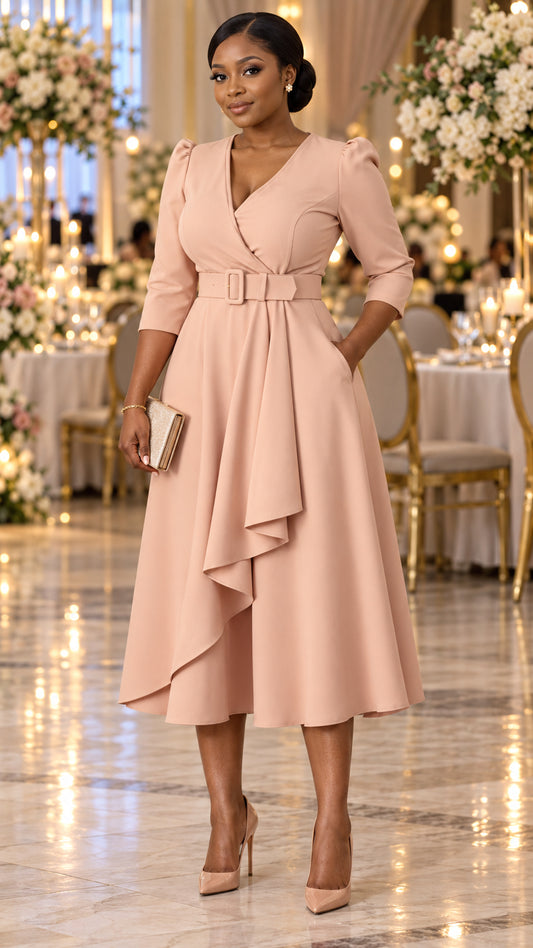 Beige Front Frill Skater Dress