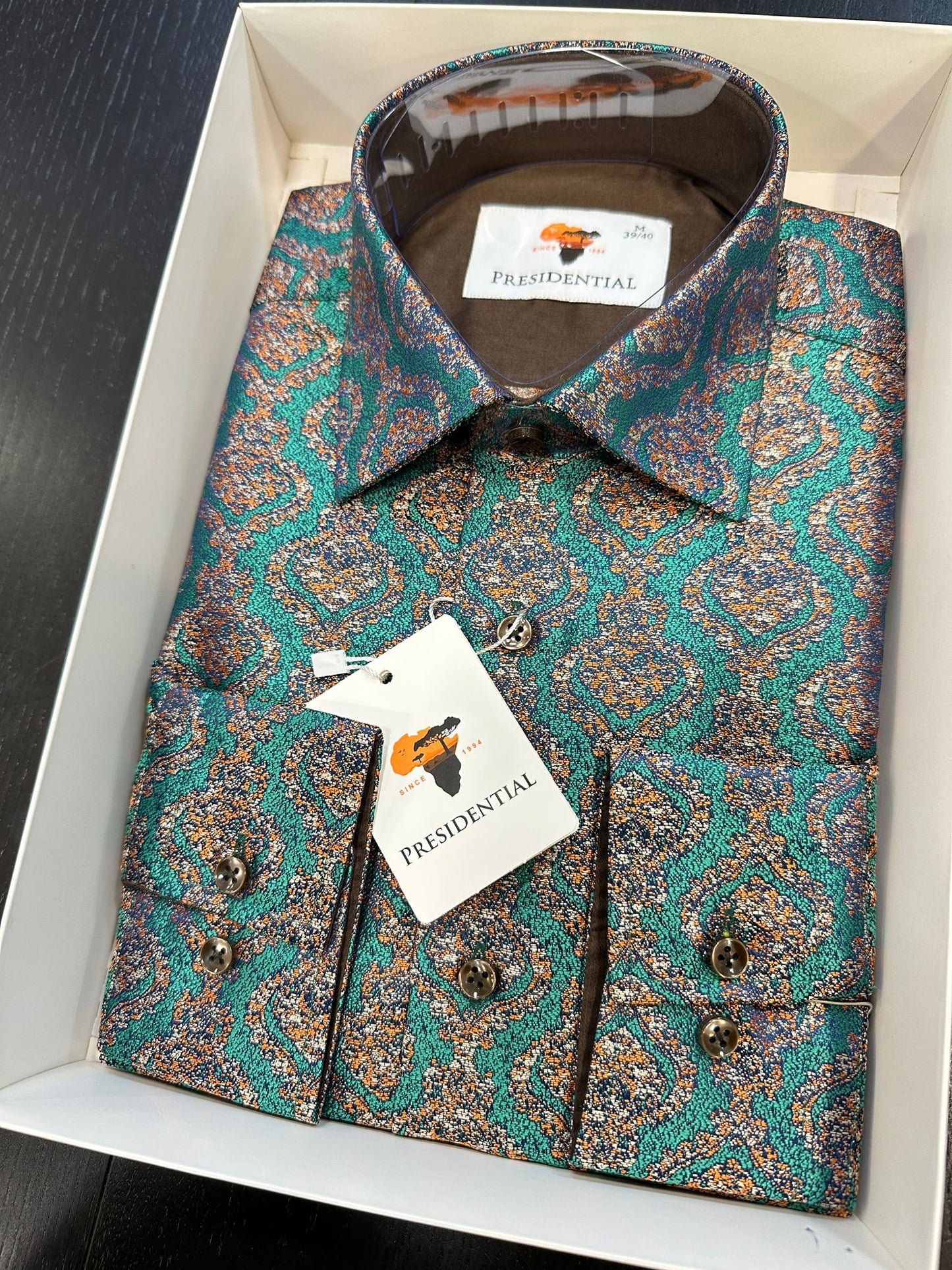 Presidential Green & Gold Pattern Jacquard Shirt