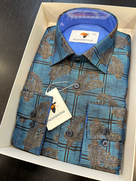 Presidential Blue Paisley Check Pattern Shirt