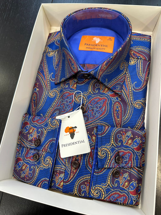 Presidential Royal Blue, Red & Gold Paisley Shirt