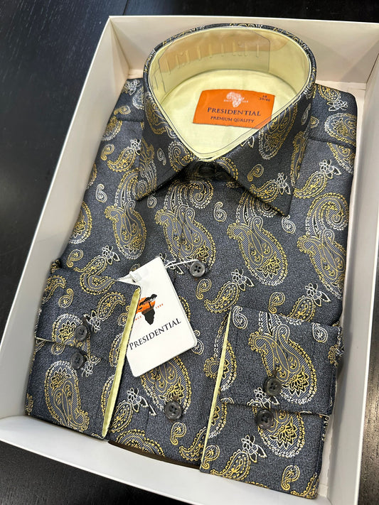 Presidential Charcoal Grey with Gold Paisley Shirt