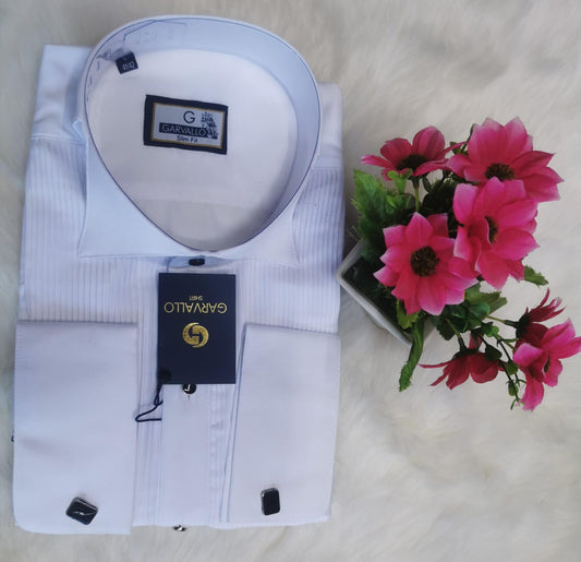 White Pleated Tuxedo French Cuff Men’s Premium Long Sleeve Shirt