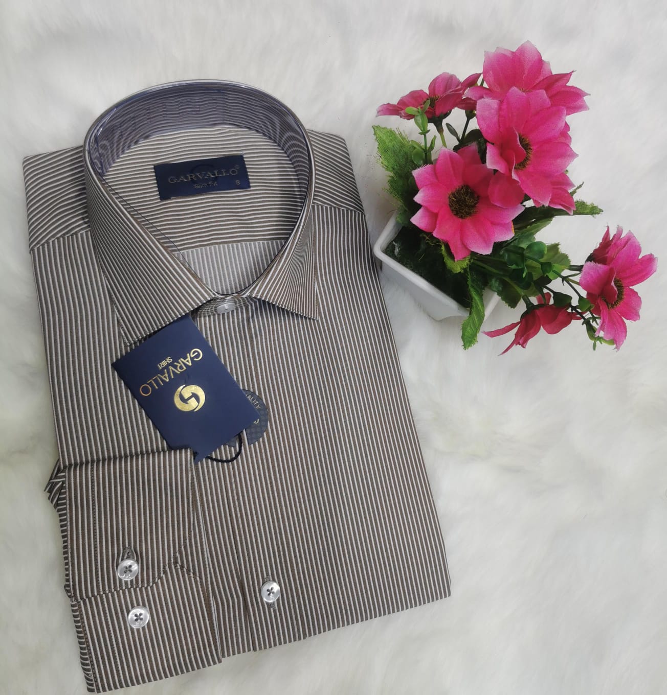 Taupe & White Men's Premium Long Sleeve Shirt