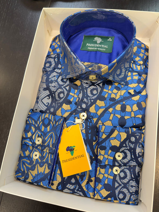 Presidential Royal Blue & Gold Patterned Luxury Shirt