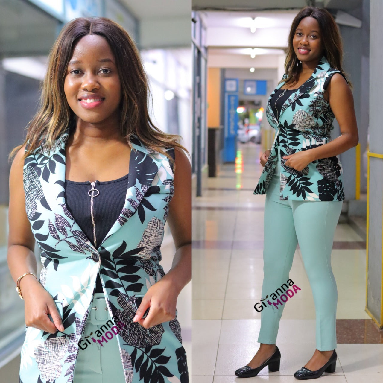 Floral Mint Print Sleeveless Blazer