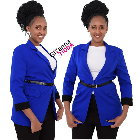 Contrast Blue and Black Belted Blazer