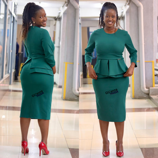 Emerald Green Double Peplum 3/4 Sleeve Dress