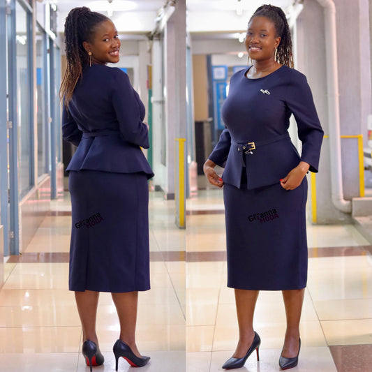 Navy Peplum Belted Dress with Brooch