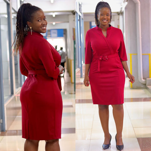 Sleeved Belted Wine Red Bodycon