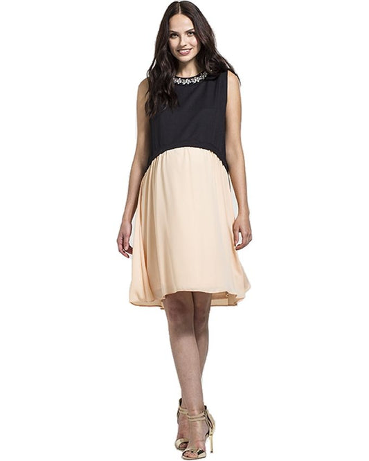 Apricot & Black Embellished Neckline Dress