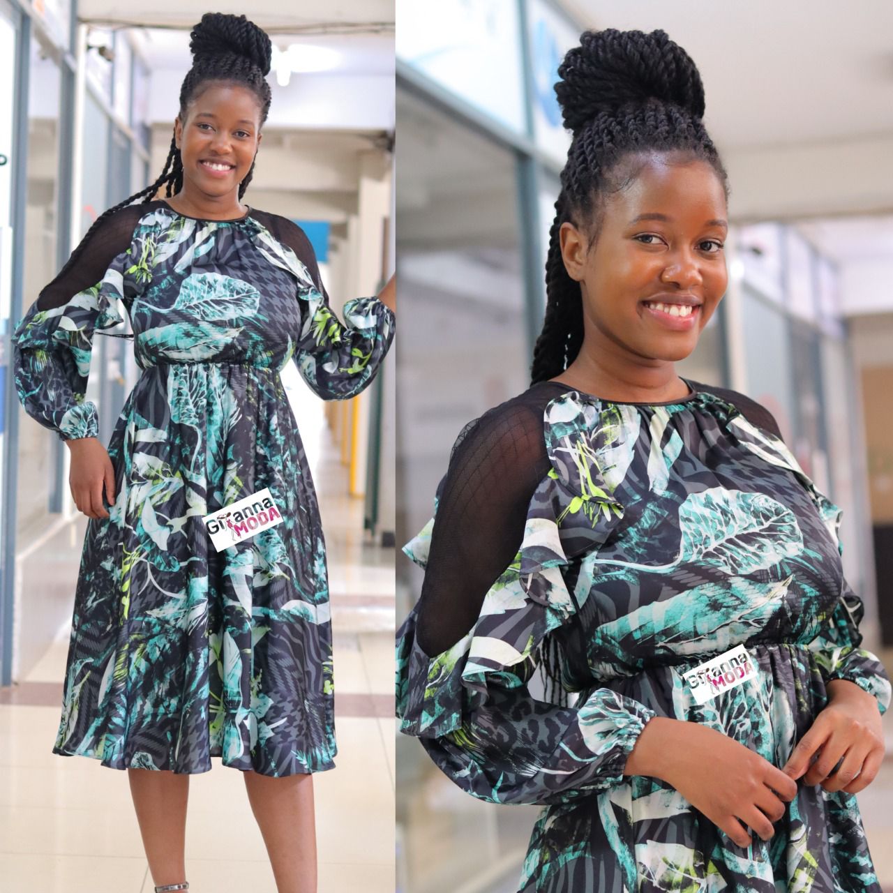 Green Frill Sleeves Skater Dress