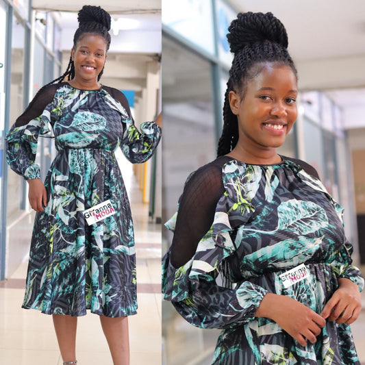 Green Frill Sleeves Skater Dress