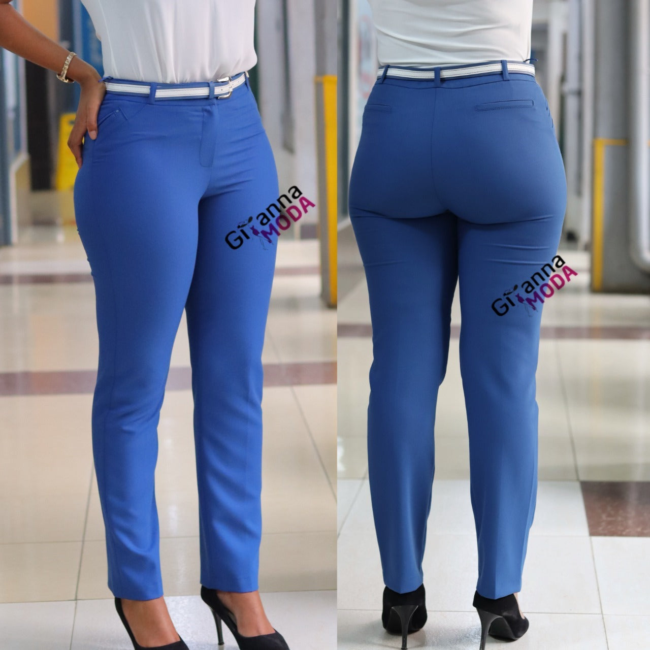 Full Length Belted Trouser in Saxe Blue