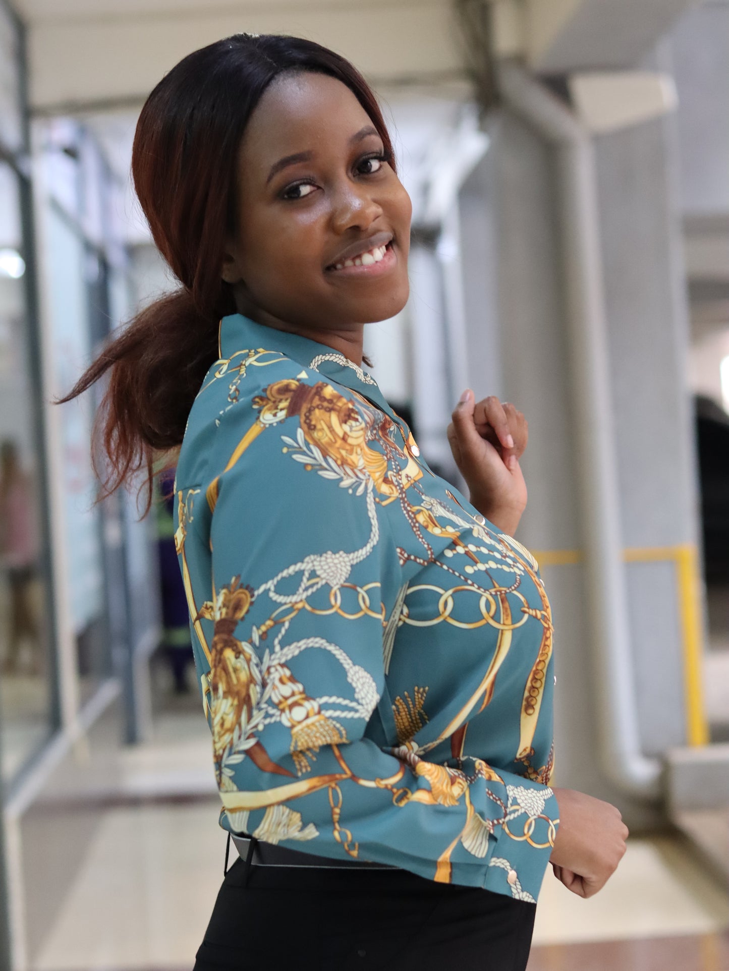 Chain Green Print Long Sleeve Blouse