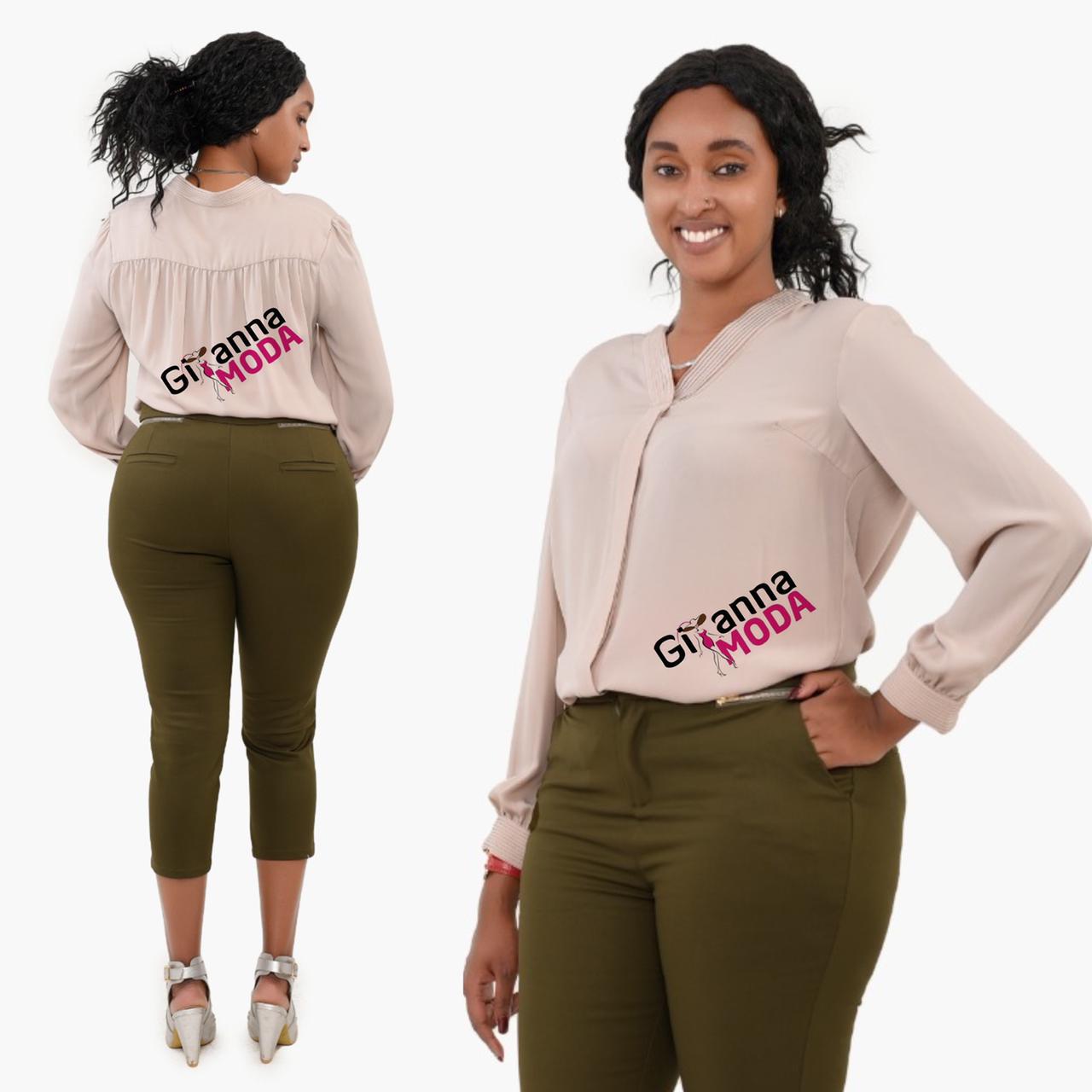 Long Sleeve Beige V-Neck Blouse