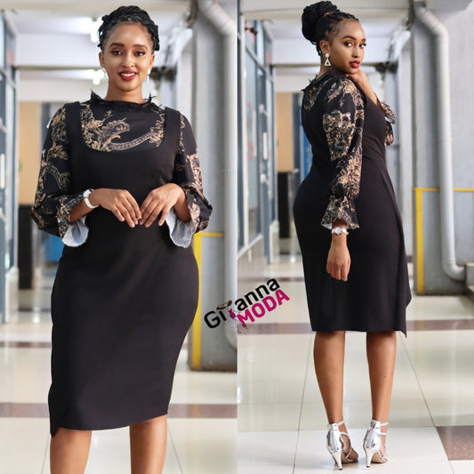 Black Faux Wrap Dress with Floral Inner