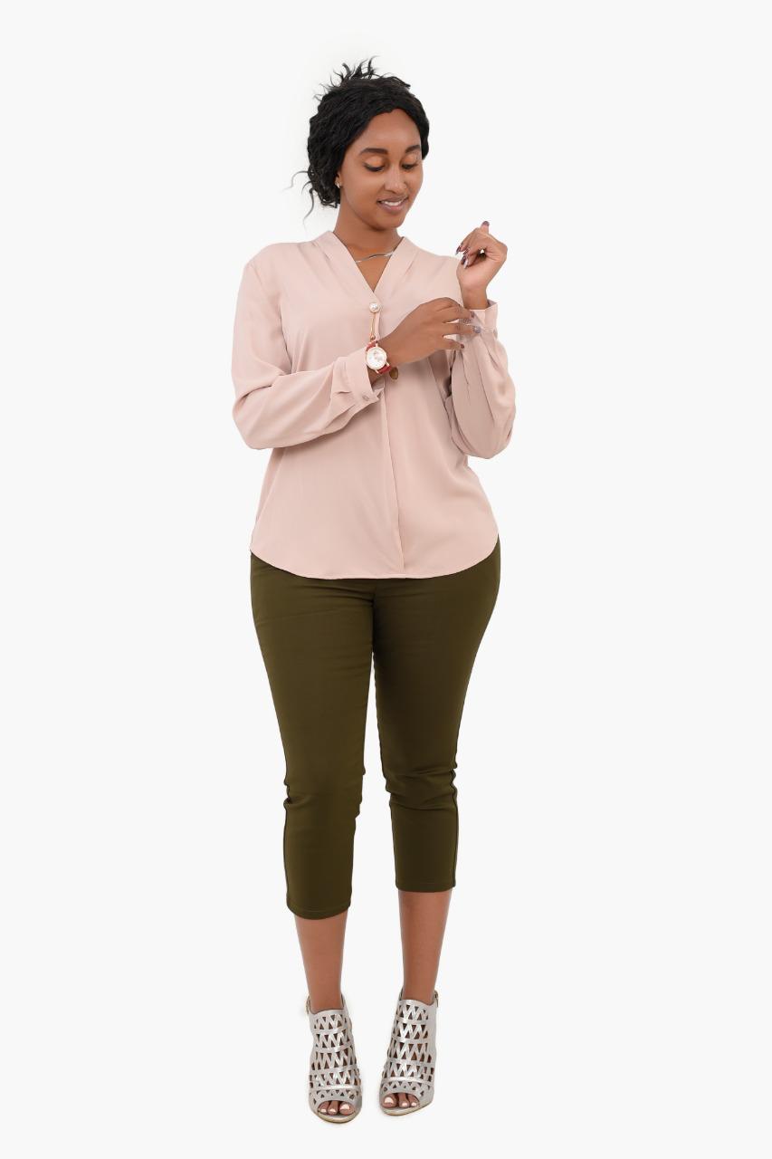 Long Sleeve V-neck Beige Blouse with Front Detail