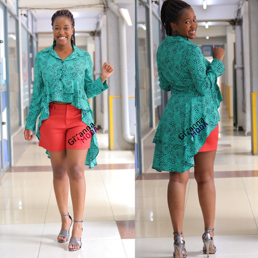 Animal Print High Low Blouse in Green